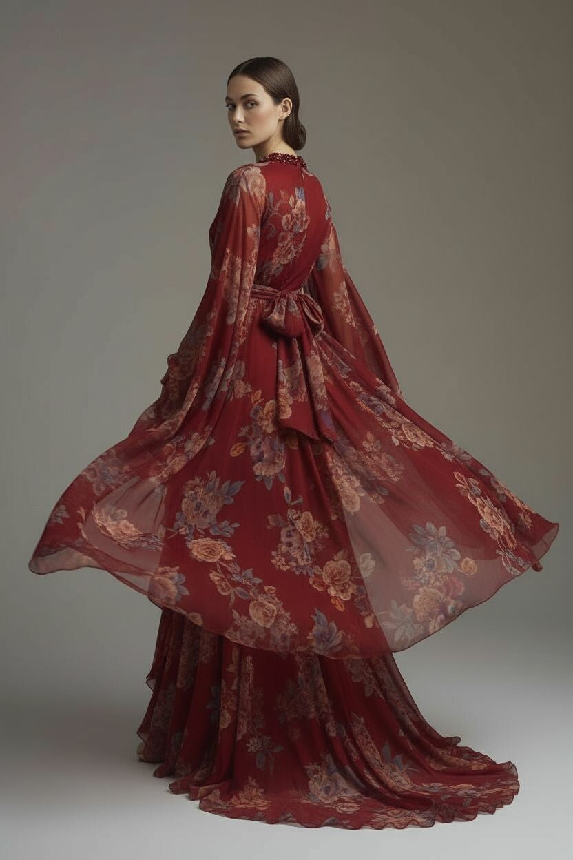 Woman wearing a red floral dress against a gray background