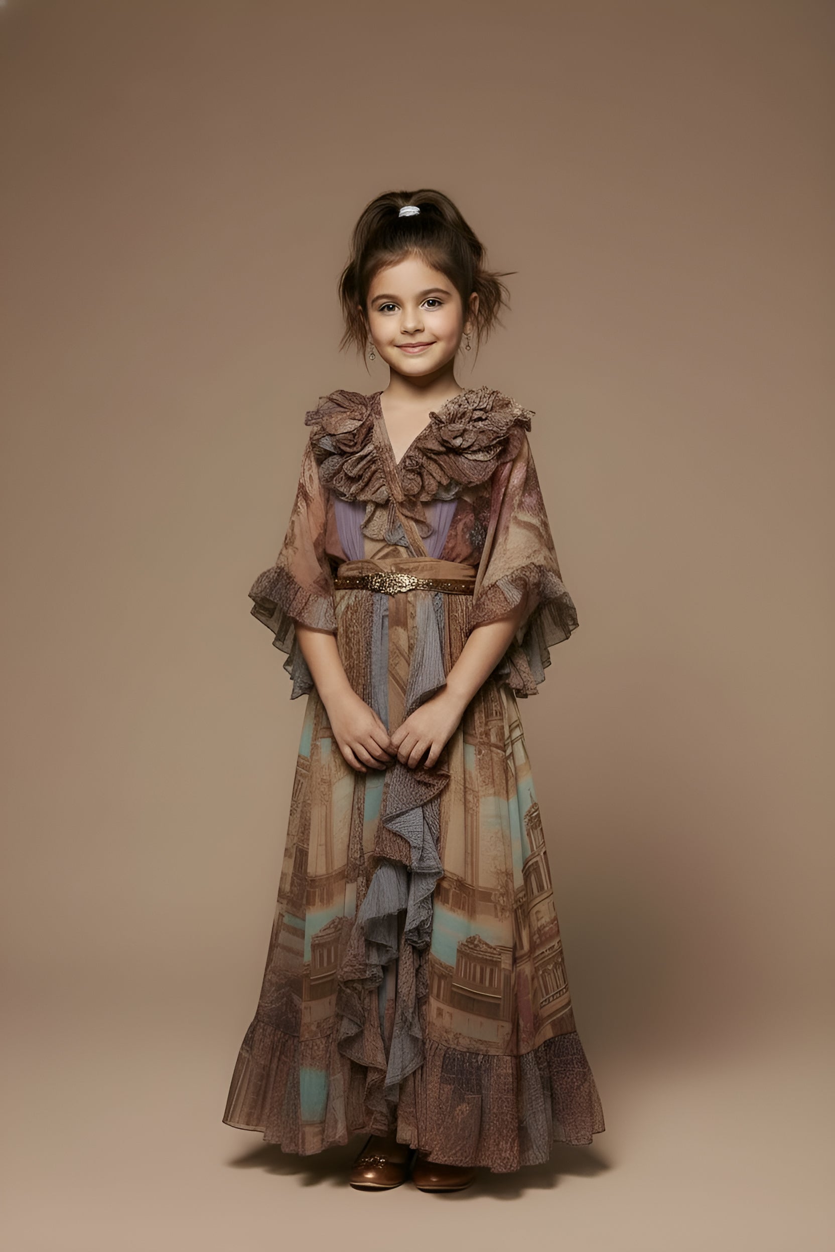 Young girl wearing a long, patterned dress against a beige background