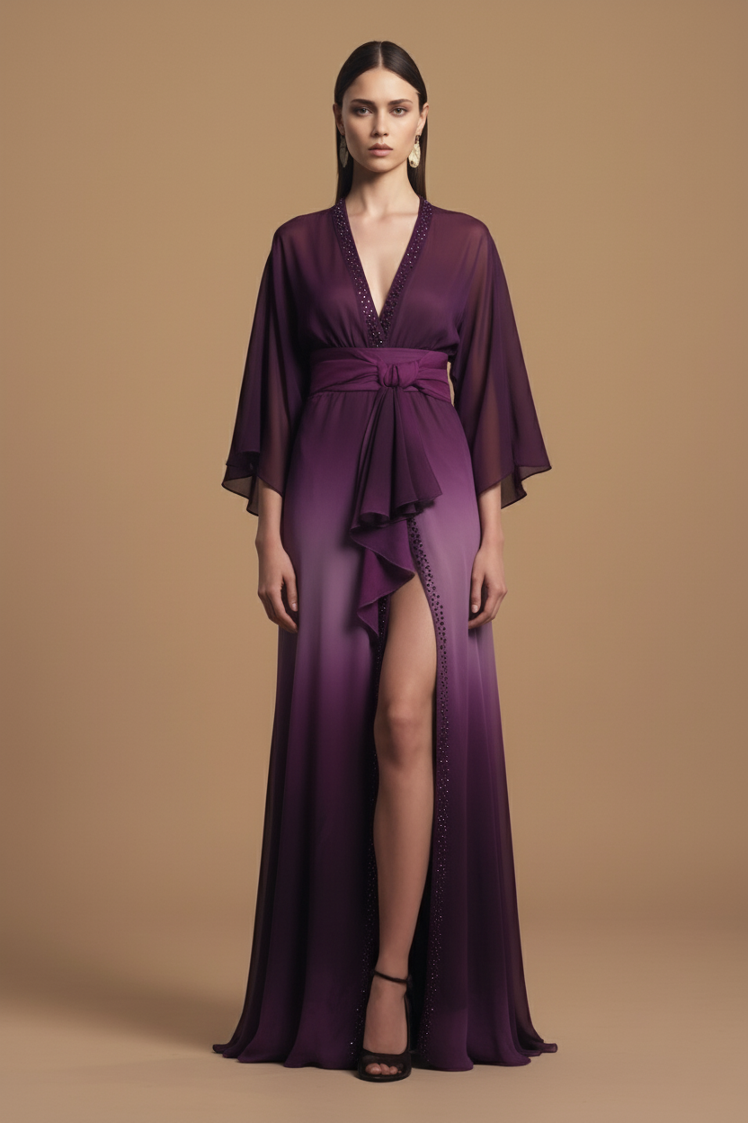 Model wearing a long purple dress with a slit on a beige background