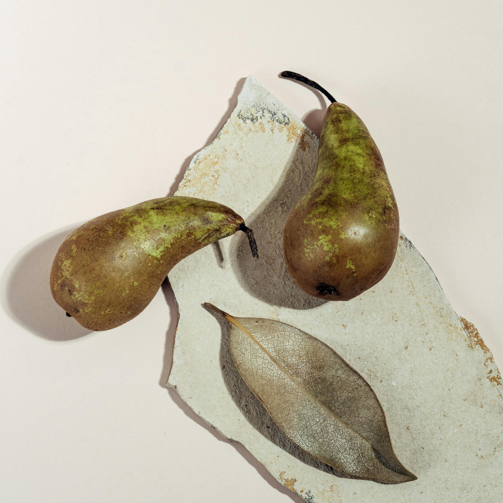 Two pears on a textured stone surface with a light background