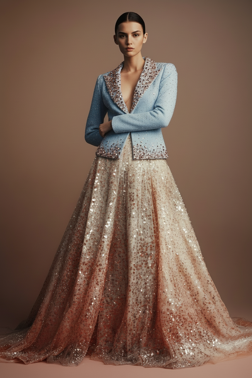 Woman wearing a light blue jacket with intricate detailing and a sparkling skirt against a brown background
