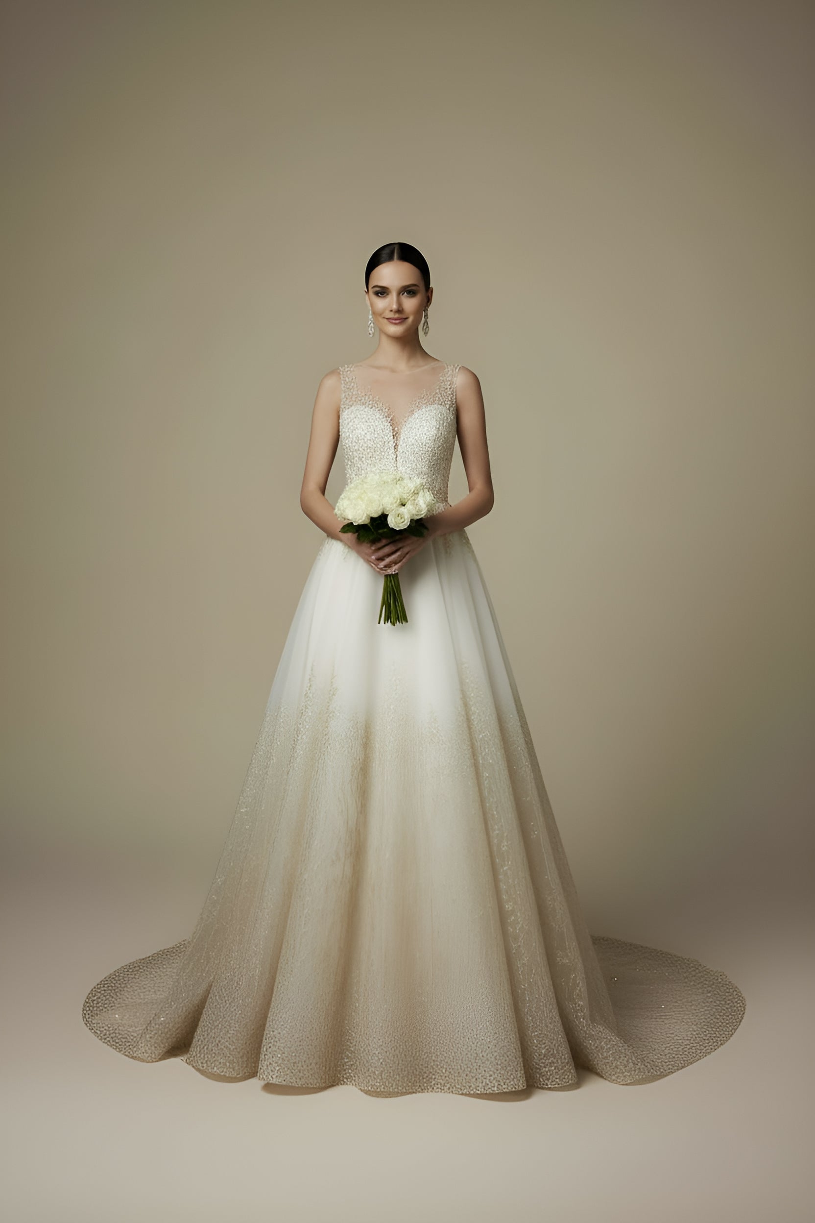 Woman in a white wedding dress holding flowers against a beige background